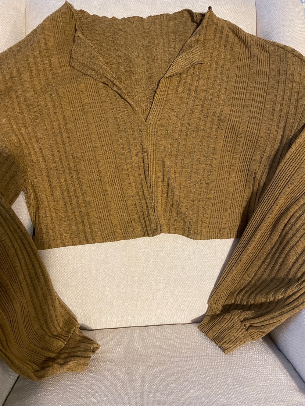 SHEIN Olive Ribbed V-Neck Cropped Sweater